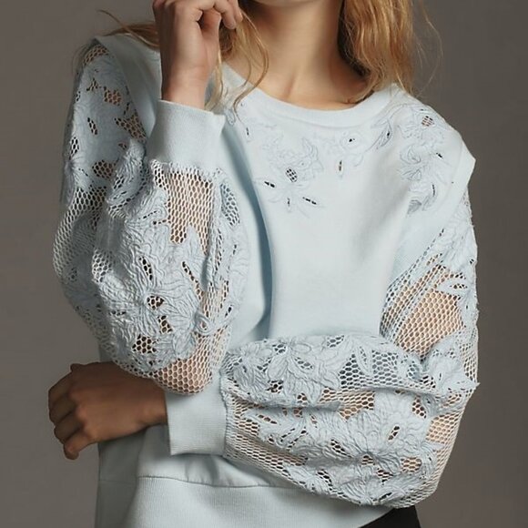 NEW By Anthropologie Embroidered Cutwork Sweatshirt size S blue - Picture 2 of 8